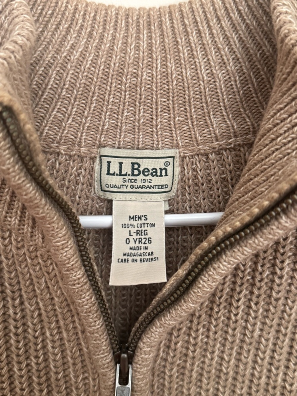 Vintage L.L.Bean Full Zip Ribbed Knit Sweater Tan Men’s Large Mock Neck Cotton - Picture 4 of 6